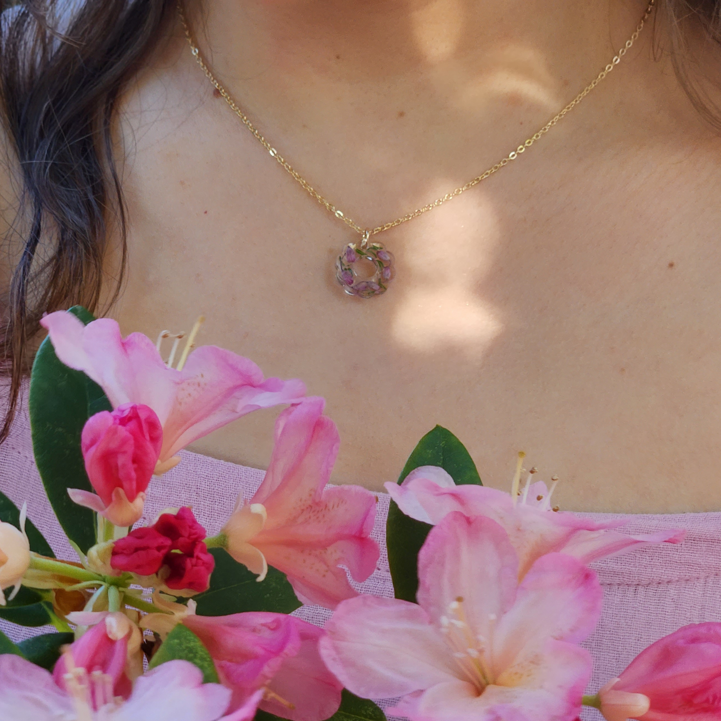 Pink Babys Breath Wedding Flower Necklace, Resin Pendant Necklace, Dried Flower Jewellery Tasmania, Product Image