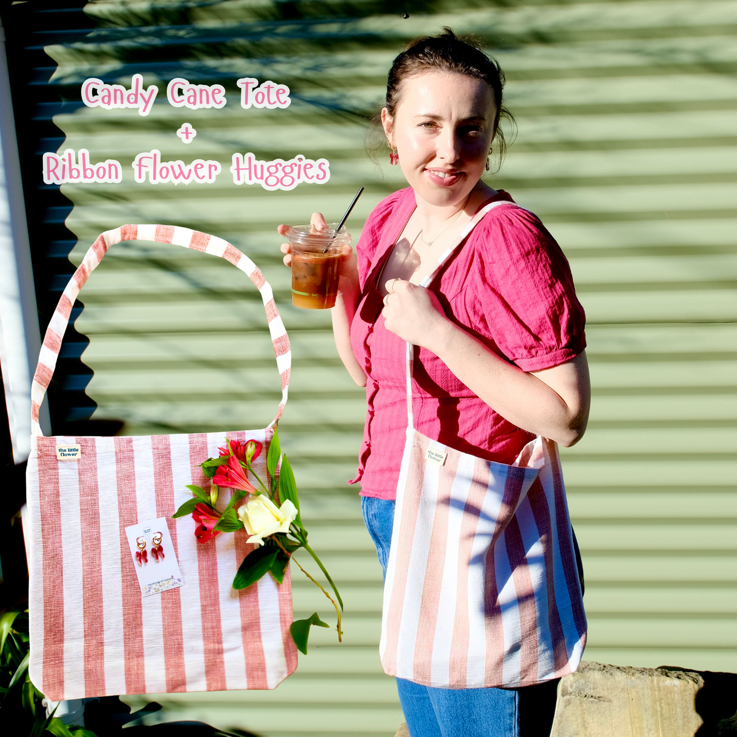 Candy Cane Tote + Bow Huggie Set