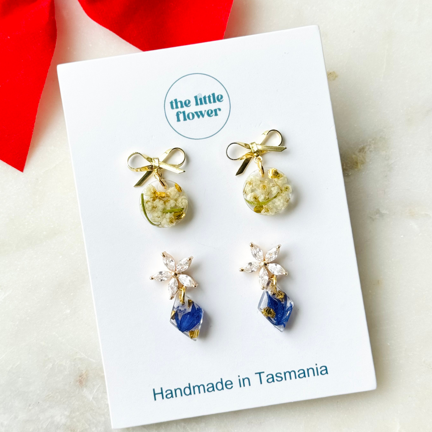 Christmas Bauble Flower Earrings Set, Resin Flower Jewellery, Handmade Flower Earrings, Tasmanian Made Jewellery, Product Image