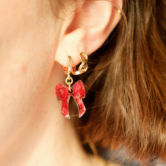Red Flower Bow Huggie Earrings, Red Spider Lily Earrings, Model Shot