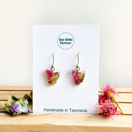 Tasmania Map Earrings, 14k Gold Filled Native Flower Gemstone Earrings, Zircon Sapphire Jewellery, Handmade in Tasmania, Product Image