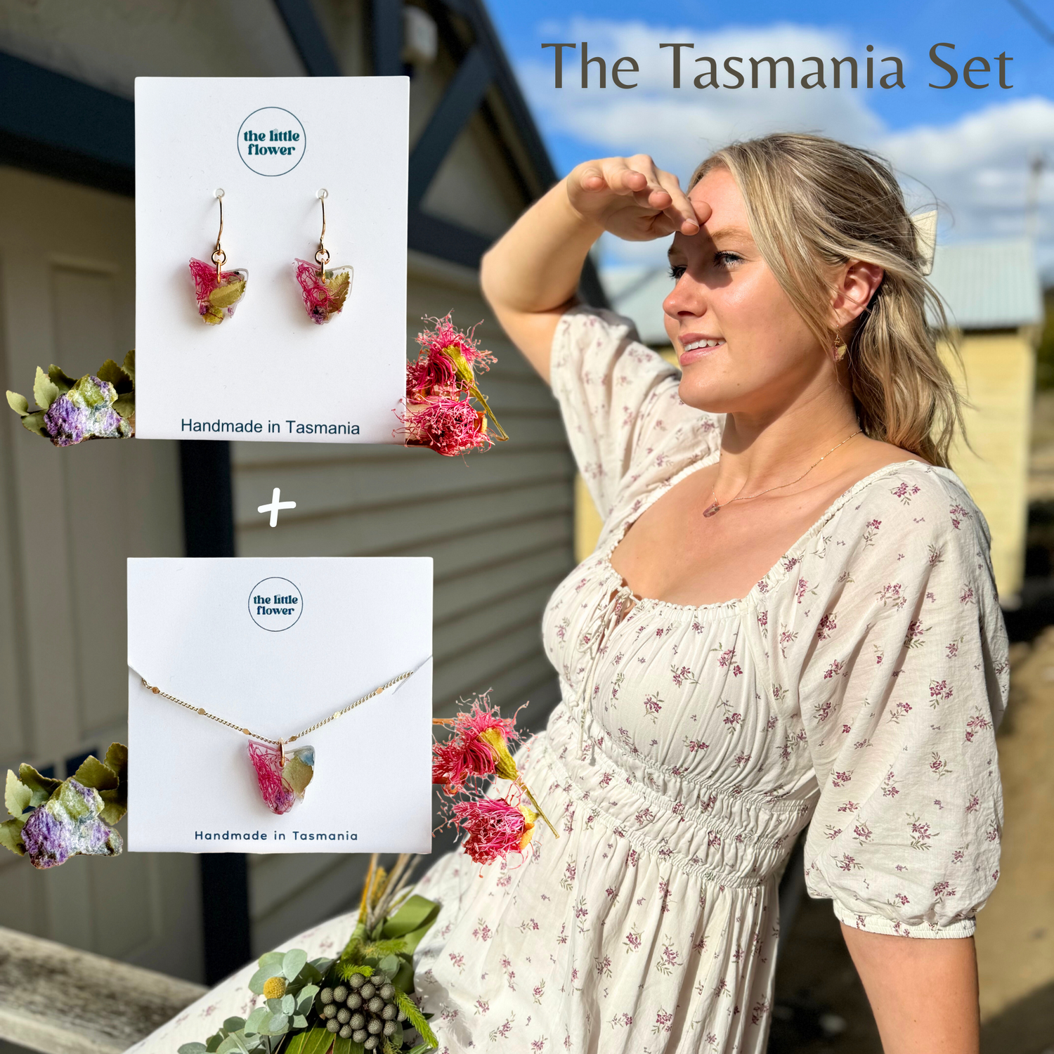Tasmania Map Pendant Necklace Earring Set, Native Flower & Gemstone Jewellery, Resin Pendant Necklace Earring Gift Set for Nature Lovers, Product Model Image