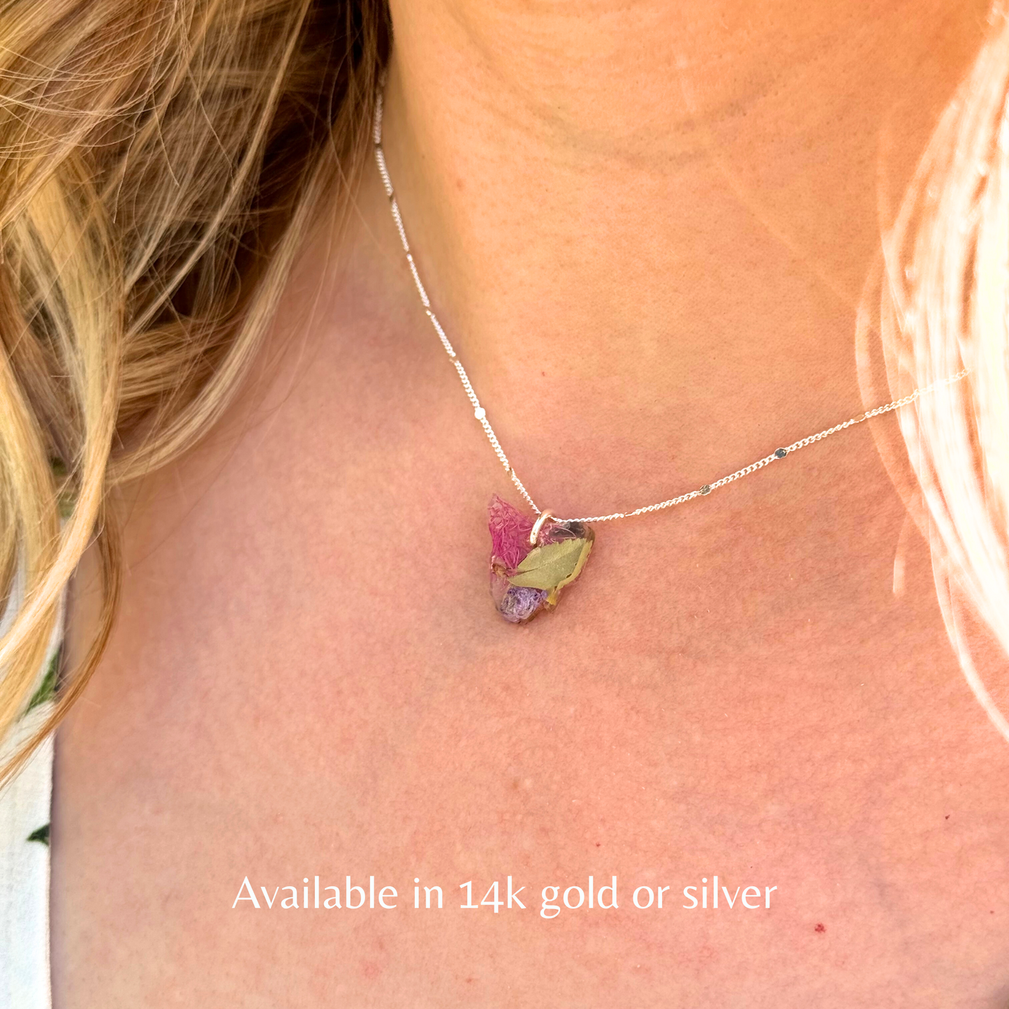 Silver Tasmania Map Pendant Necklace, Native Gemstone and Flower Jewellery, Resin Pendant Necklace, Australian Souvenir Jewellery For Her, Close Up Image