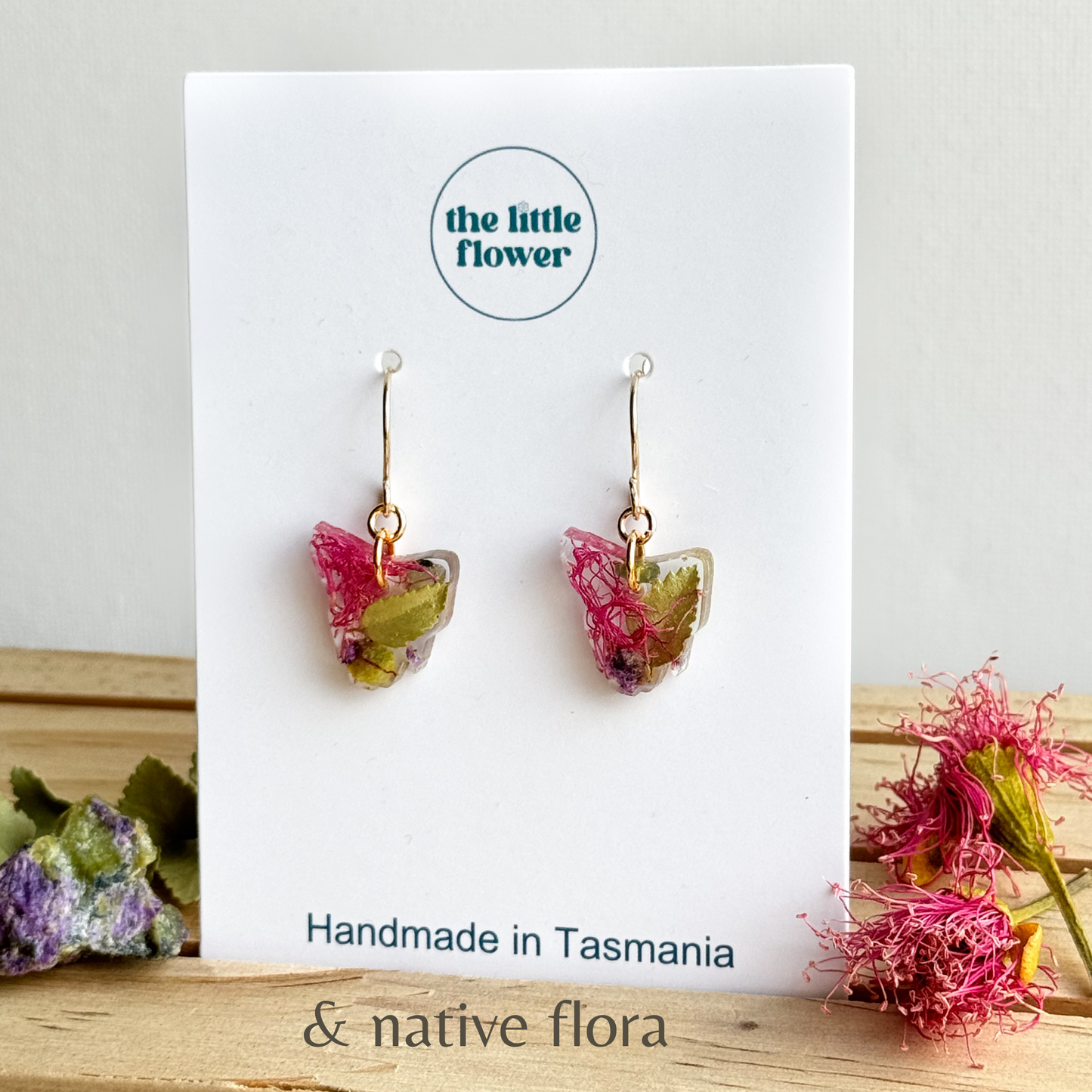 Tasmania Map Native Flower Gemstone Earrings, 14k Gold Filled, Tasmanian Souvenirs, Gifts for Nature Lovers, Close Up Product Shot