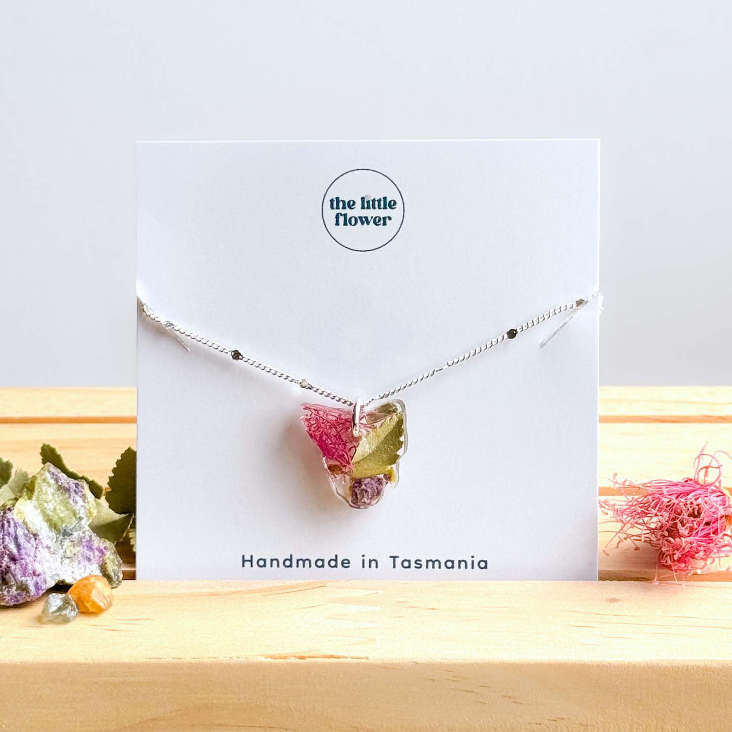 Silver Tasmania Map Necklace, Native Flower Pendant Jewellery, Tasmanian Serpentine Stichtite Jewellery, Zircon Sapphires, Resin Art Tasmania, Close Up Shot 3