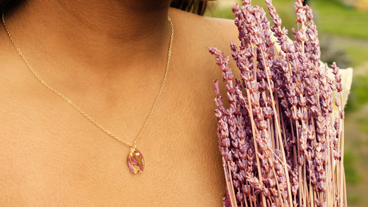 Lavender Tasmanian Pendant Necklace, Lavender Flower Jewellery, Model Image