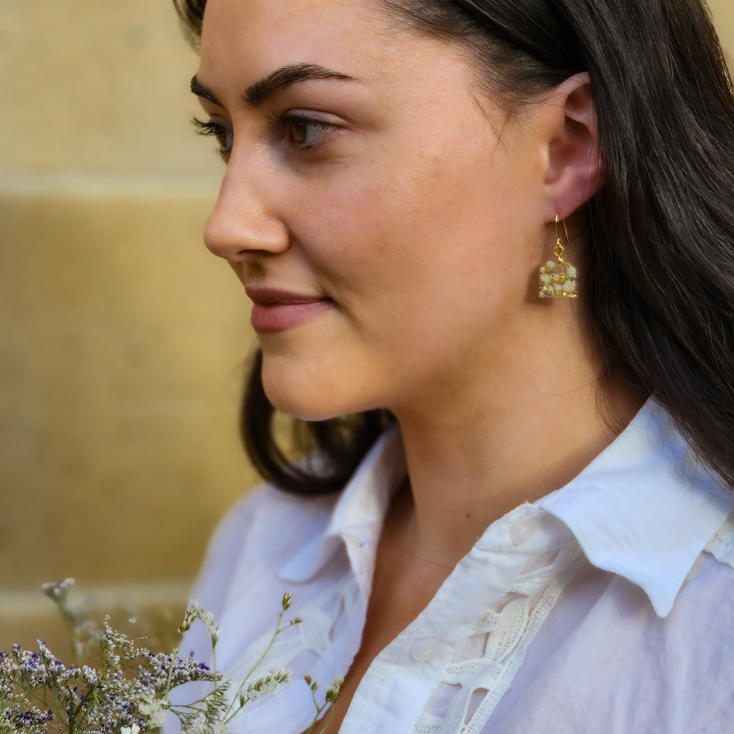 Baby's Breath Flower Earrings, Model Image