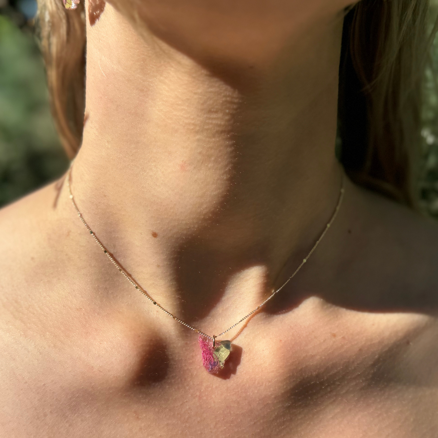 Tasmania Flower Necklace, Native Flower Jewellery, Satellite Necklace in 14k gold, The Little Flower Handmade, Model Shot 2,