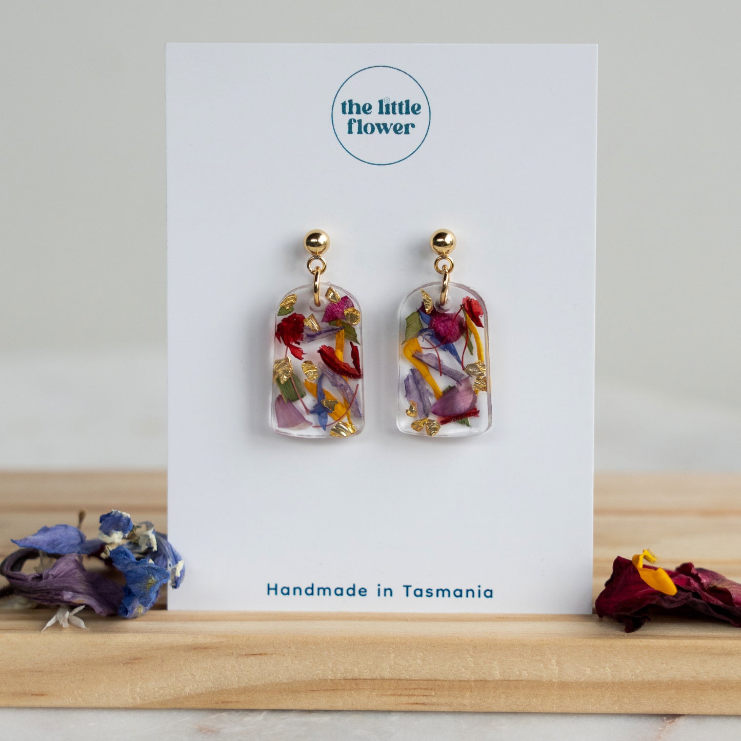 Flower Bouquet Drop Earrings, 14k Gold Plated Studs, Colourful Flower Jewellery, front view