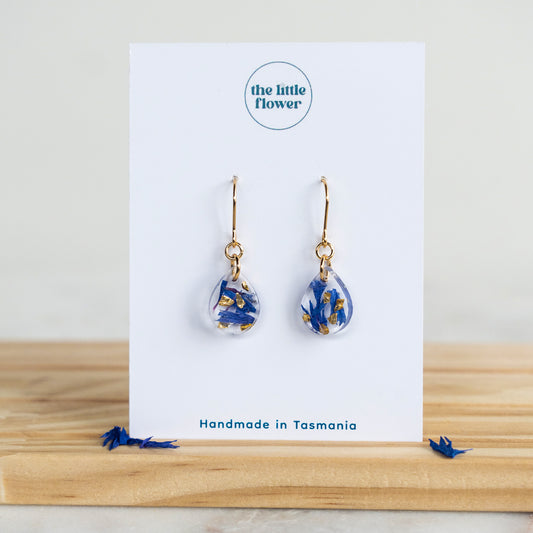 Cornflower Teardrop Earrings Gold, Blue Cornflowers, Real Flower Jewellery, Tasmanian Made, Front Image