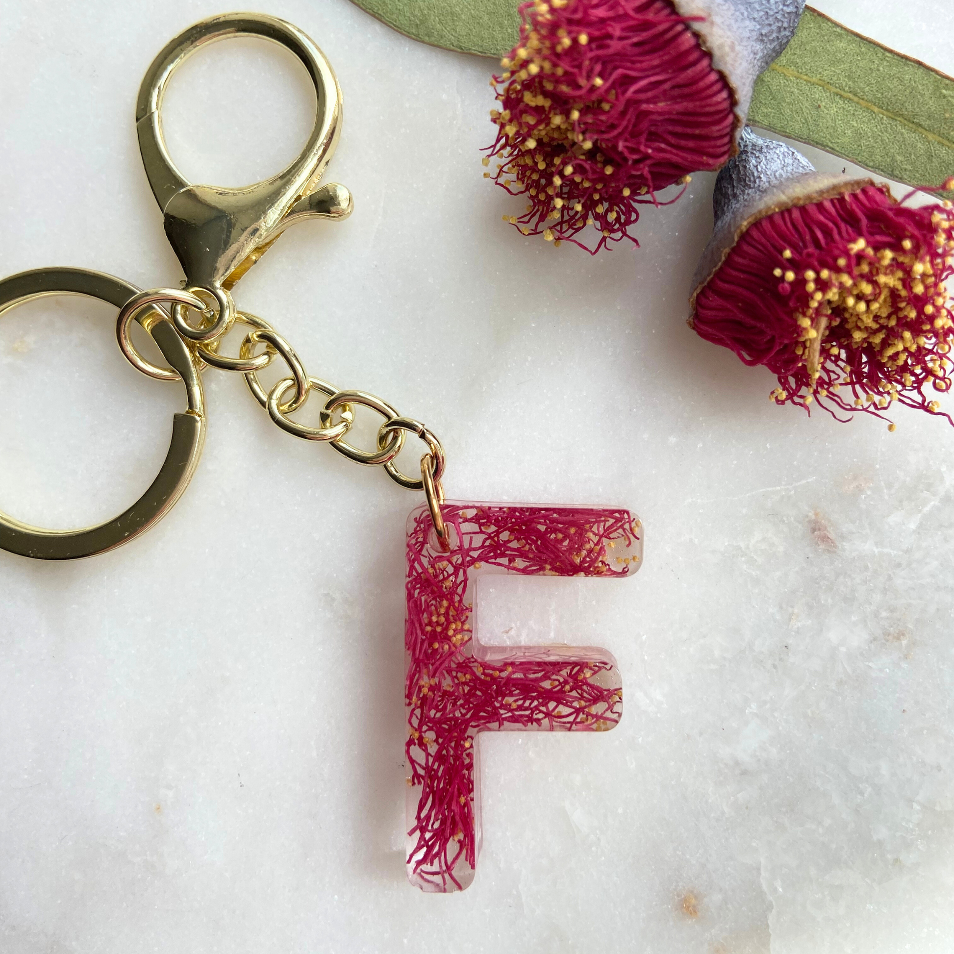 Flowering Gum Keychain, Resin Initial Keychain, Flower Keychain, Custom Accessory, Letter F Image