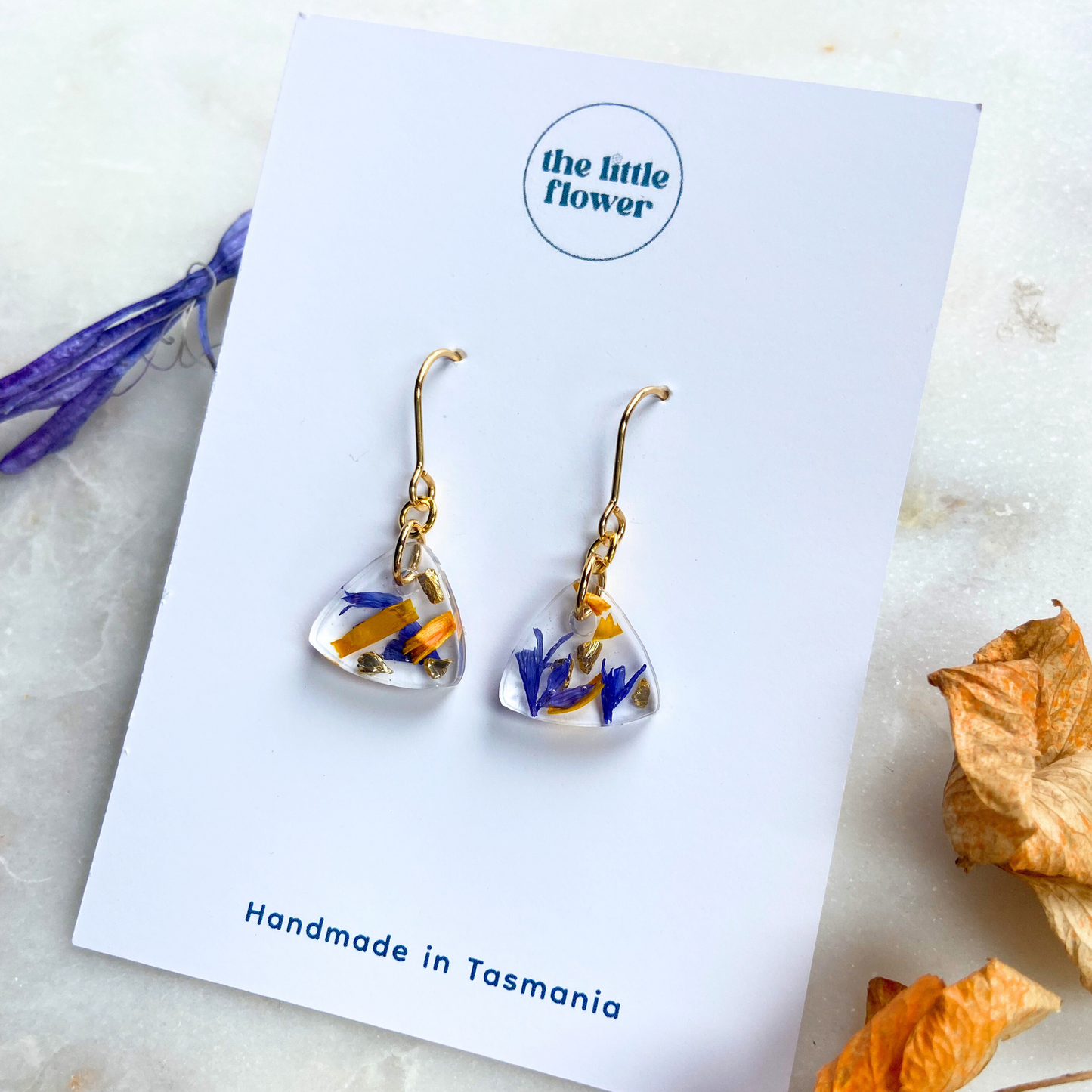 Dusk Flower Earrings, Orange and Blue Flower Earrings, Gold jewellery, Handmade in Tasmania, side view