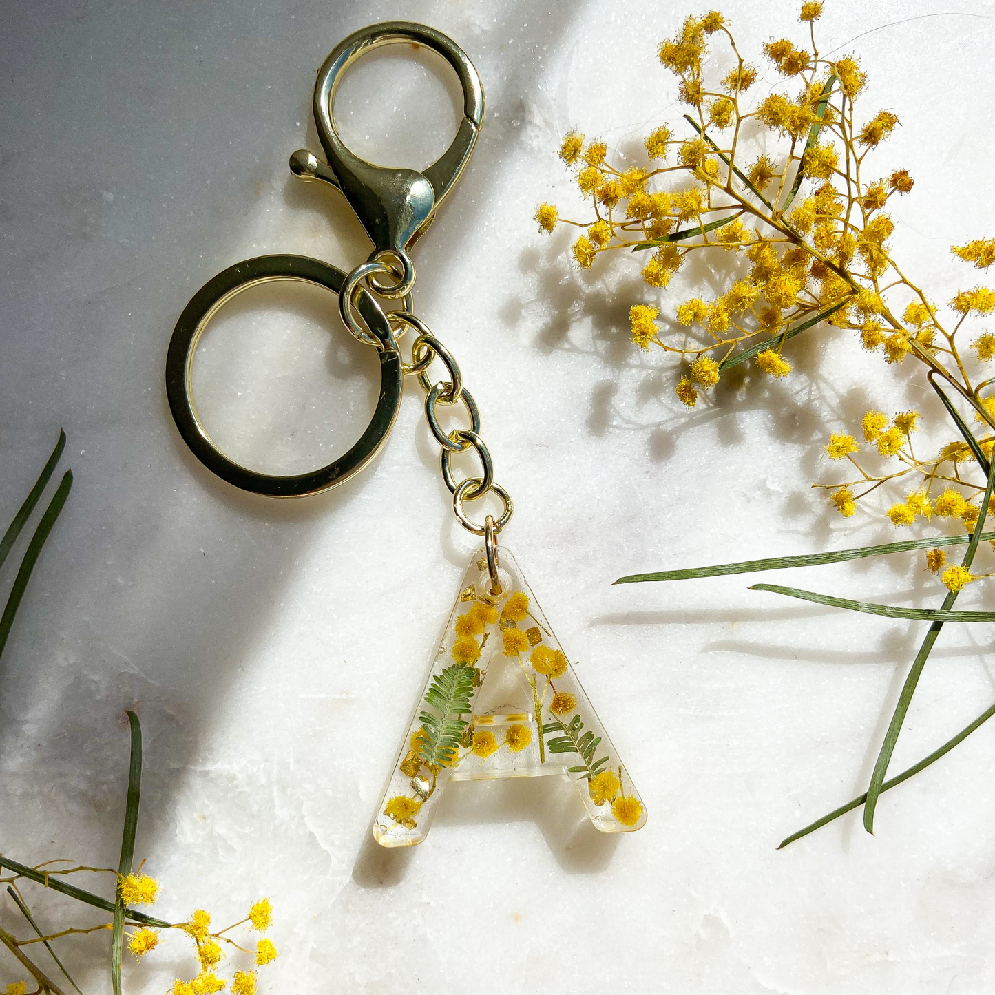 Flower Initial Keychain, Yellow Wattle Keychain, Floral Accessory, Resin Letter Keychain, A Letter Image