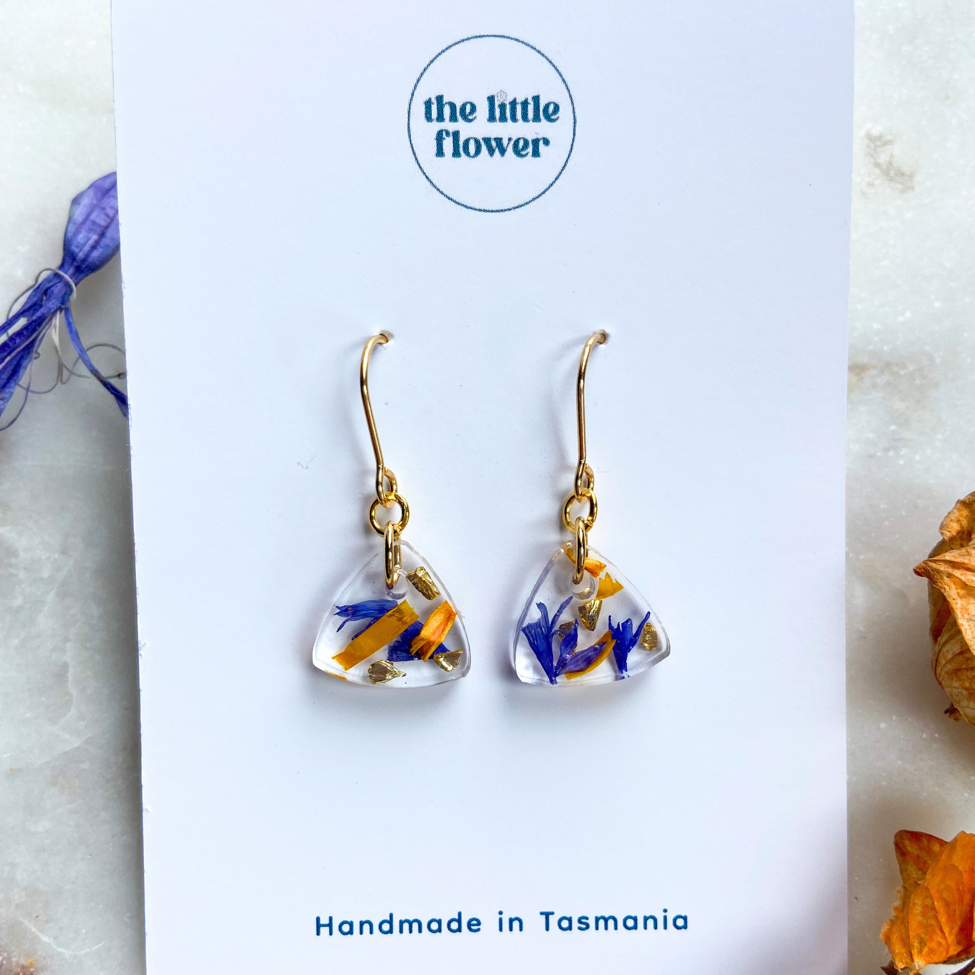 Dusk Flower Earrings, Calendula and Cornflower Earrings, Custom Flower Jewellery, closeup