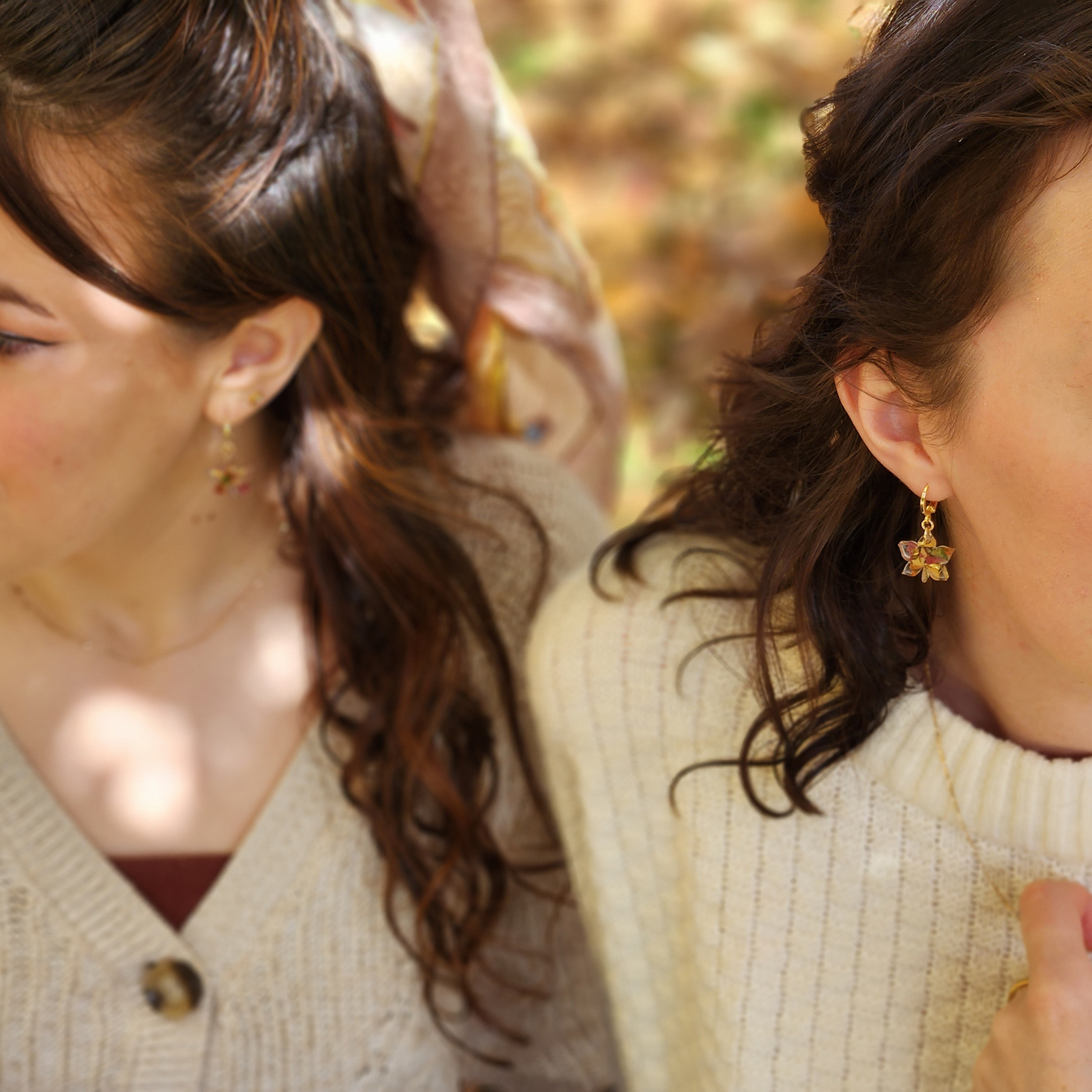 Autumn Leaf Huggie Earrings on models, Model display image