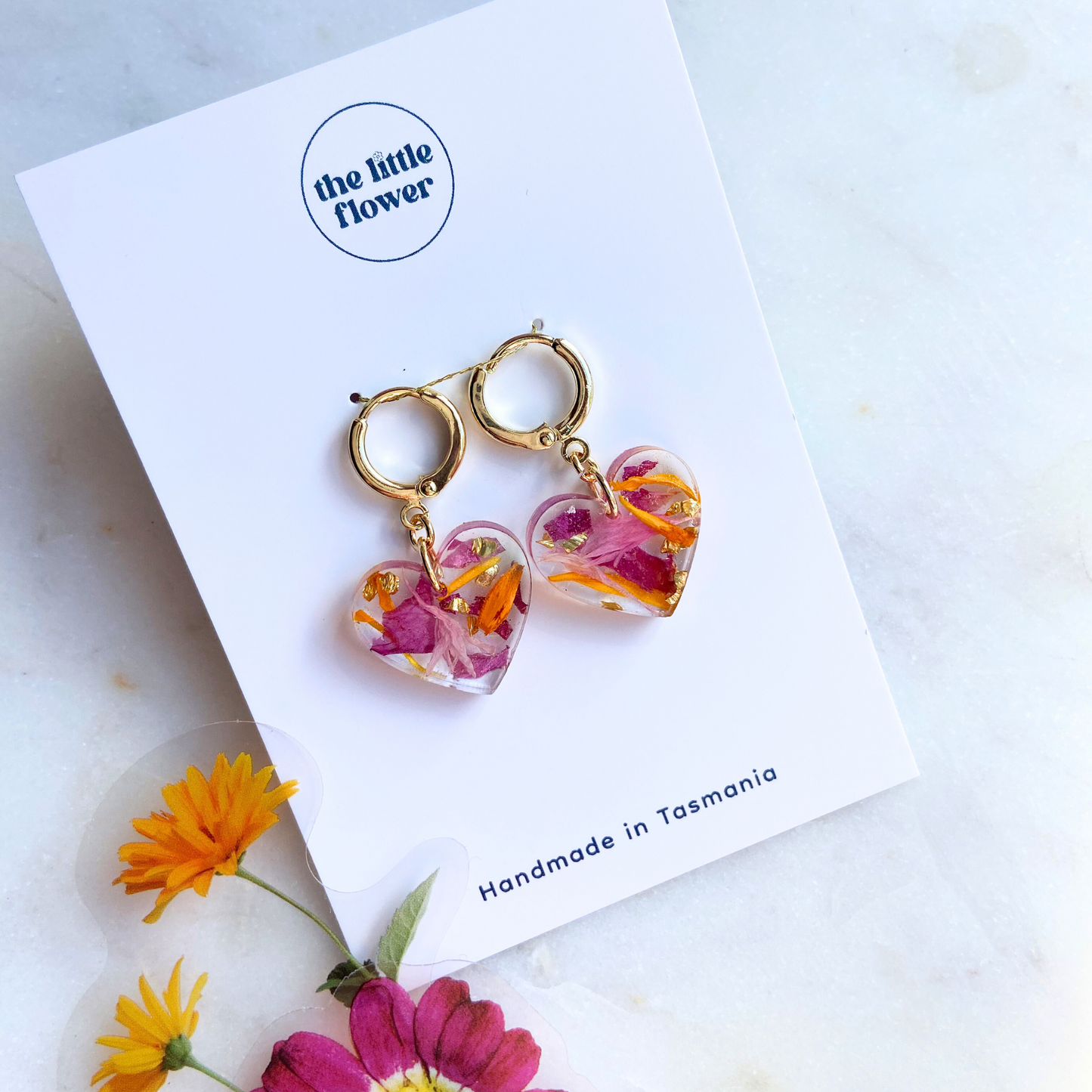 Flower of my heart gold huggies, dried flower earrings, distant view