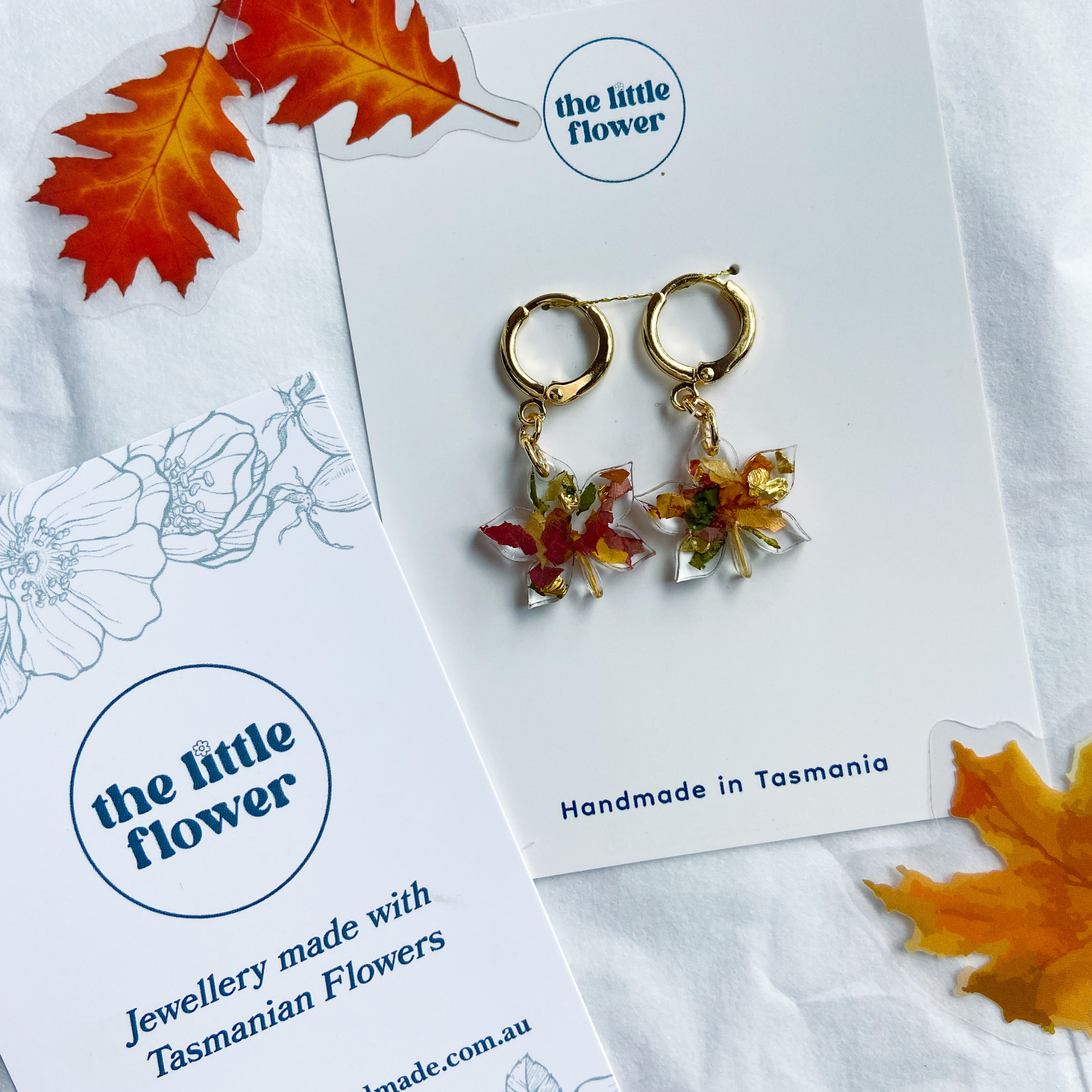 Autumn Leaf Huggie Earrings Display, Autumn style jewellery, jewellery packaging image