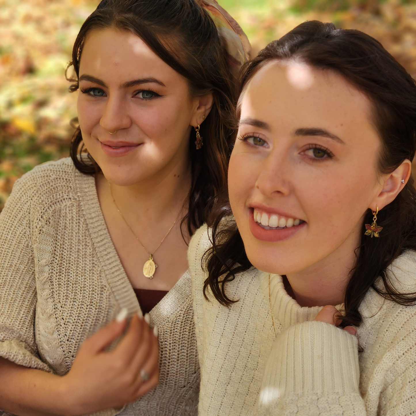 Autumn Leaf Earrings on model, jewellery models, autumn jewellery image