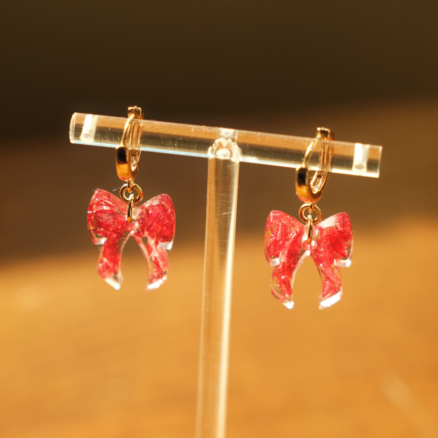 Ribbon Bow Flower Huggie Earrings, Red Spider Lily Jewellery, Dried Flower Earrings Tasmania, 14k gold, Product Shot 1