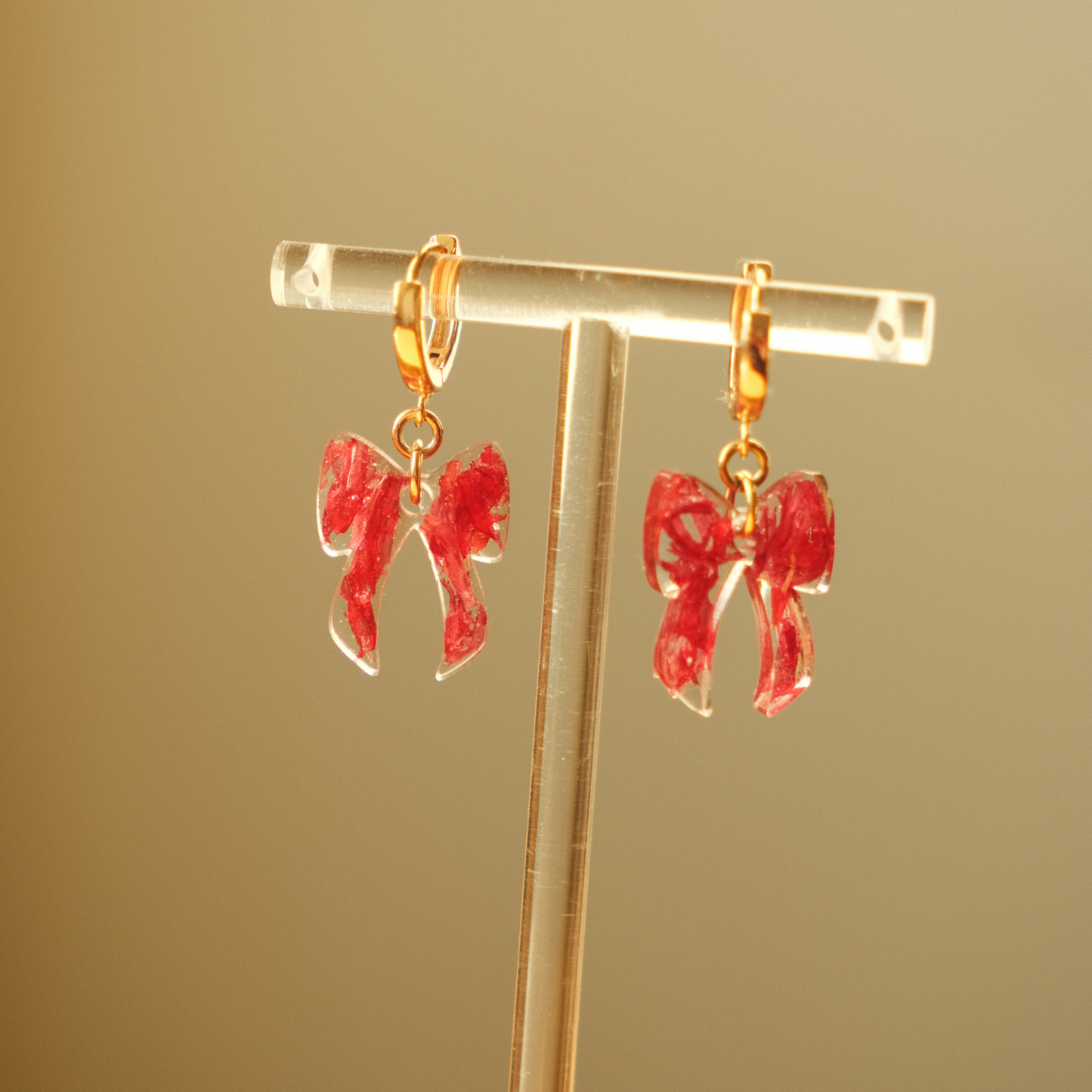 Red Flower Bow Huggies, 14k Gold Pendant Huggies, Resin Flower Jewellery Tasmania, Handmade, Product shot 2