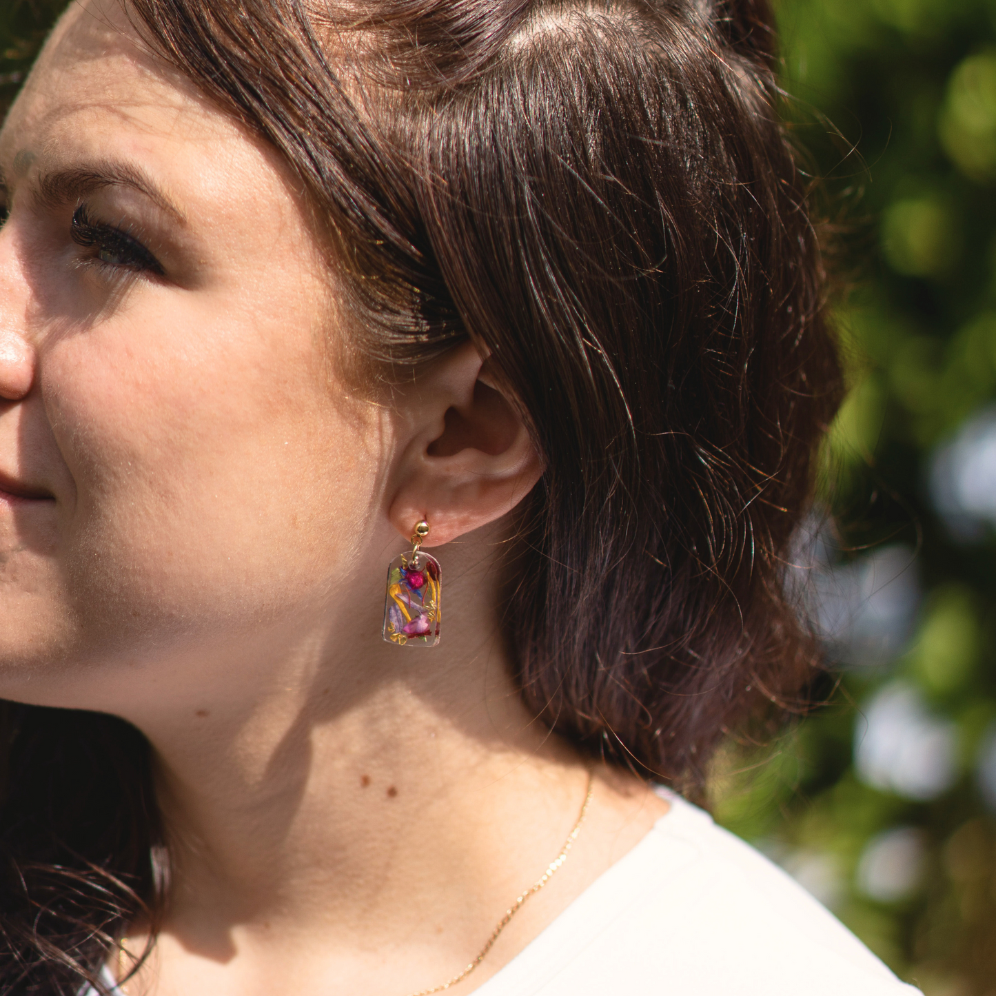 Flower Bouquet Drop Earrings on model, resin flower jewellery, model view 2