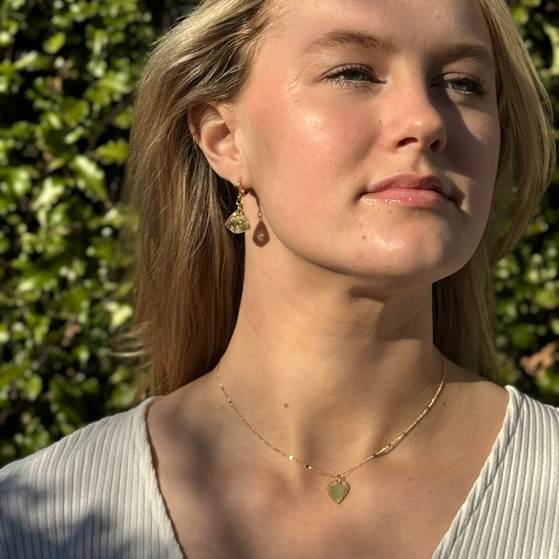 Myrtle Leaf Necklace, Dainty Necklace, Resin Jewellery, Handmade in Tasmania, Model Image