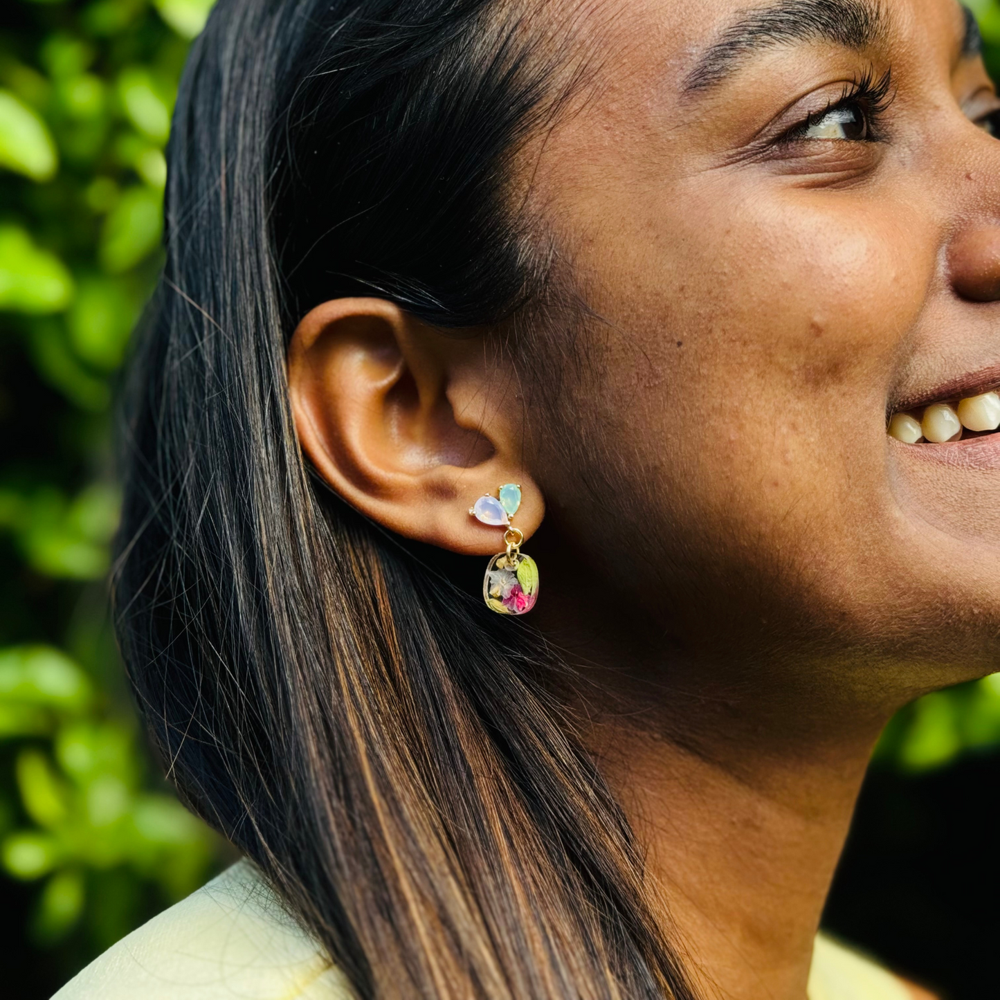 Dried Flower Jewellery, Pastel Flower Stud Earrings in 14k Gold, Handmade in Tasmania Jewellery, Model Close Up Image