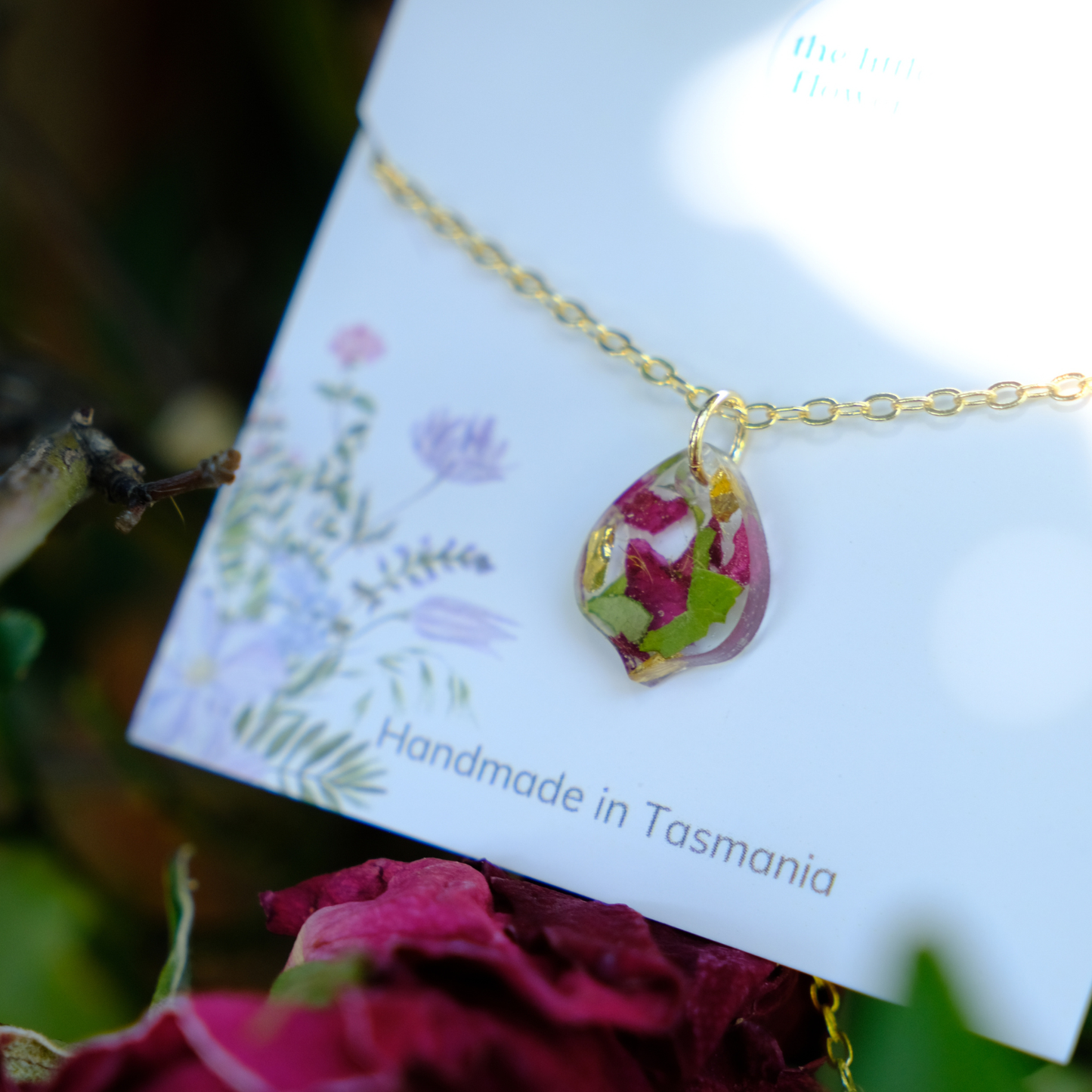 Red Rose Petal Pendant Necklace in 14k gold, Resin Flower Necklace Handmade in Tasmania, Close Up Image