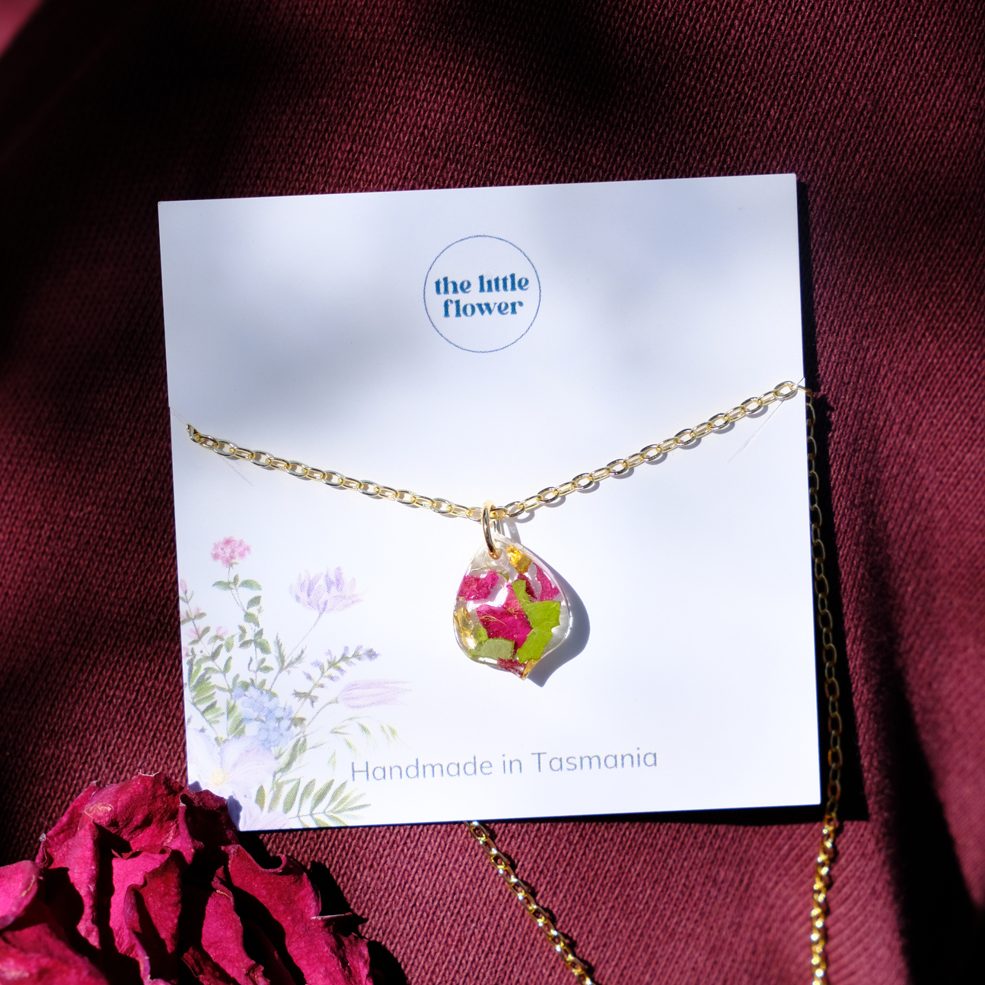 Red Rose Petals Encased in a TIny Teardrop Shaped Resin Pendant and Displayed on a 14k Gold Plated Chain, Handmade in Tasmania, Valentines Day Shot