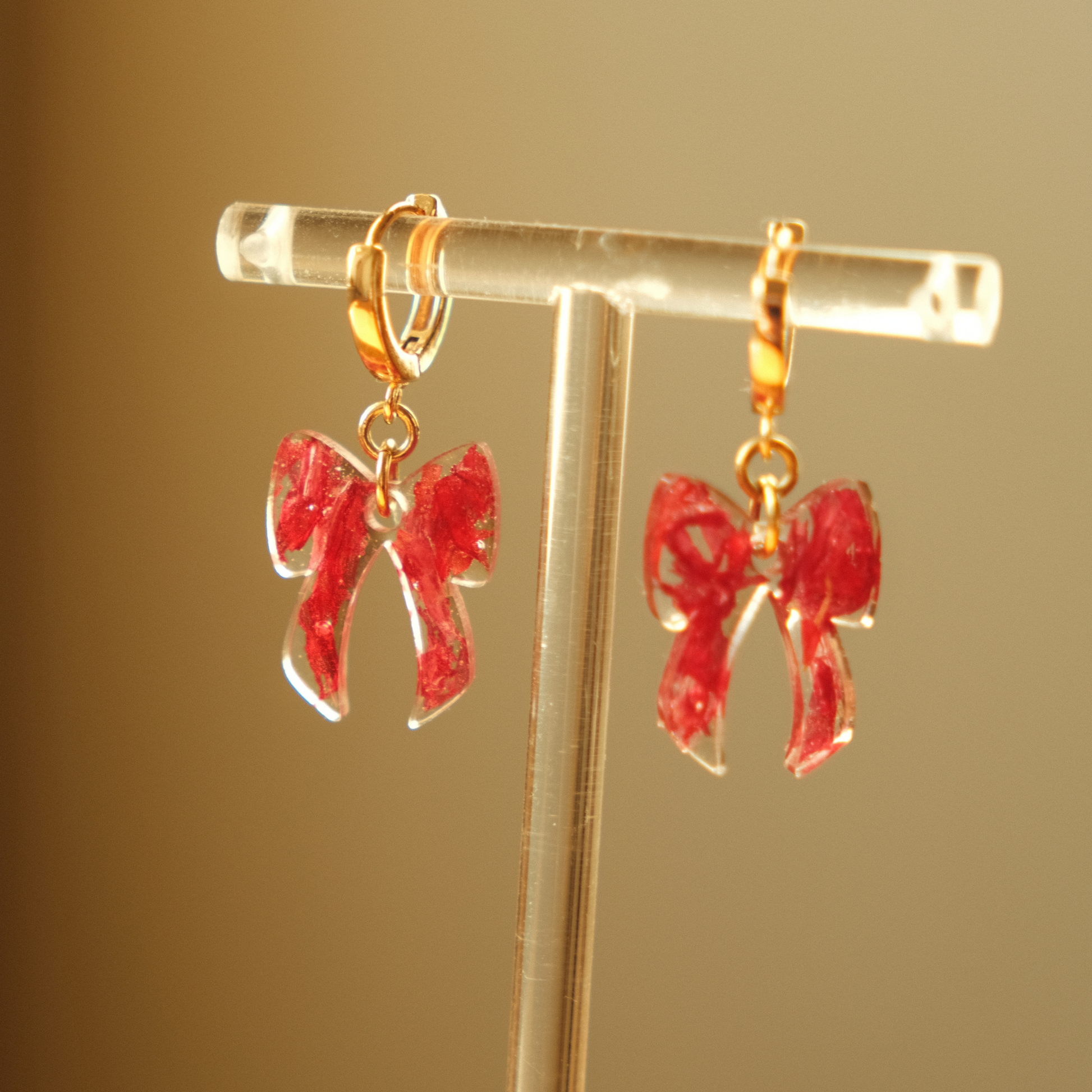 Ribbon Bow Pendant Huggie Earrings, Handmade with Red Spider Lily, Dried Flower Jewellery Tasmania, Product shot 3