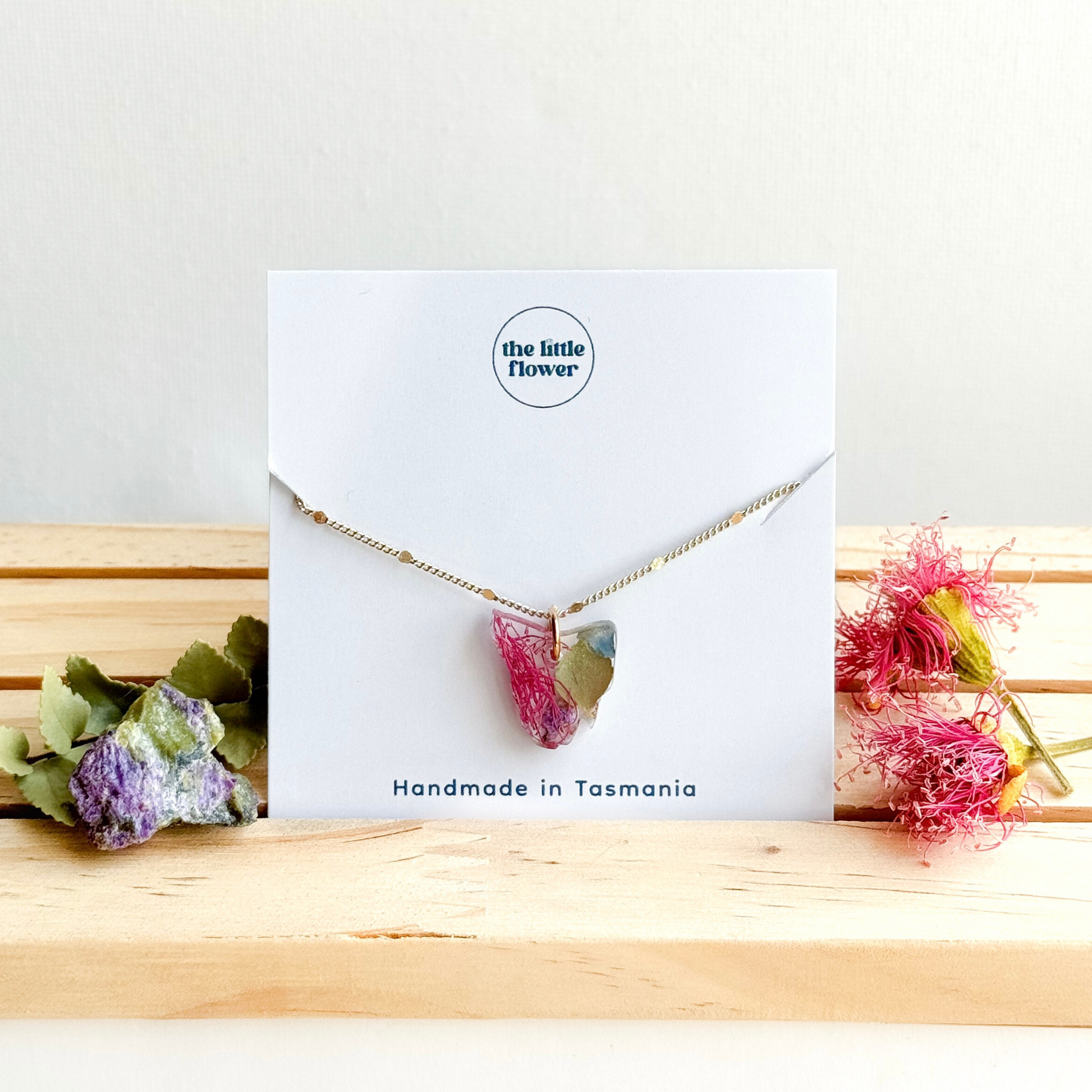 Tasmania Map Pendant Necklace, Native Flower Gemstone Jewellery, Resin Pendant Necklace, 14k Gold, Product Shot