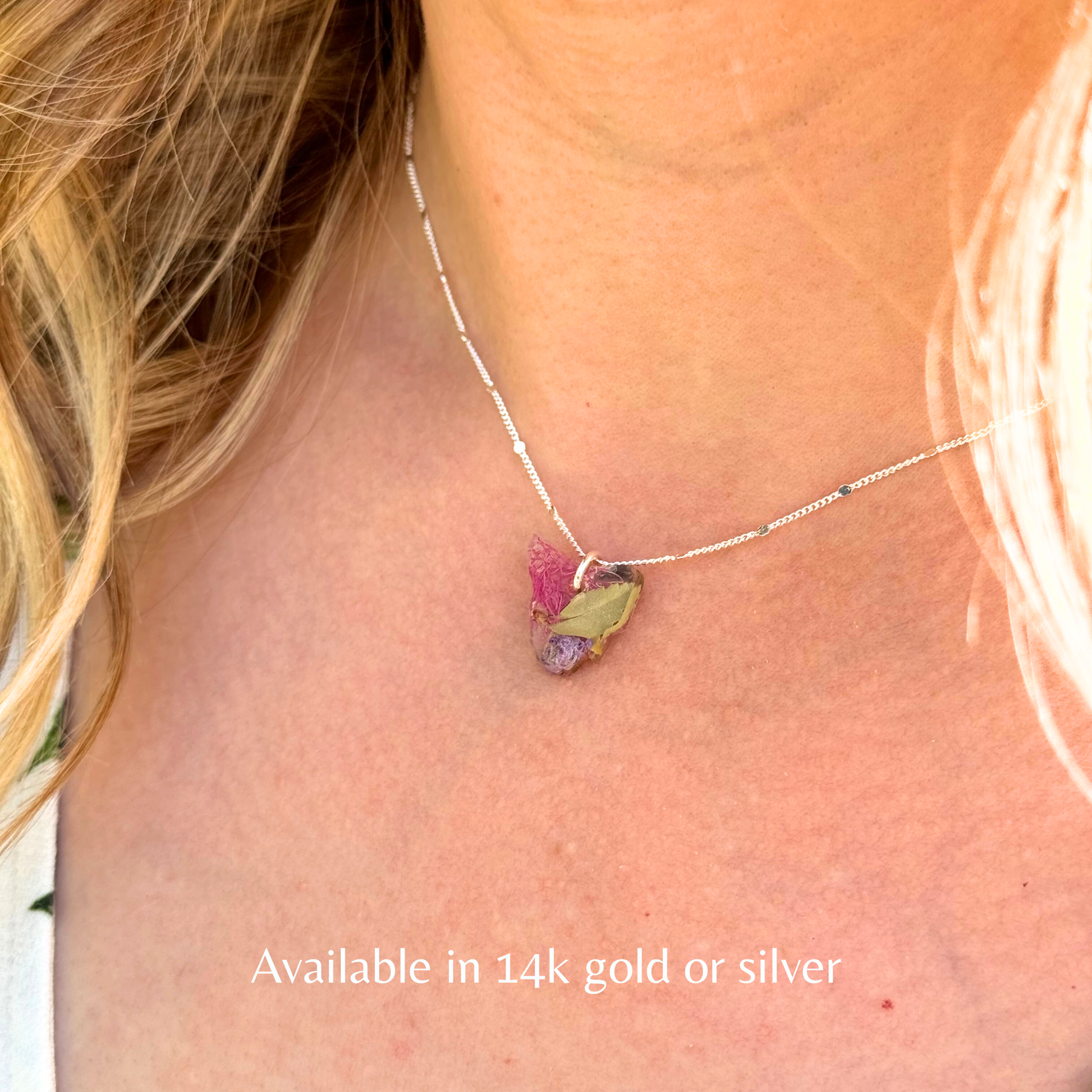 Silver Tasmania Map Pendant Necklace, Native Gemstone and Flower Jewellery, Resin Pendant Necklace, Australian Souvenir Jewellery For Her, Close Up Image