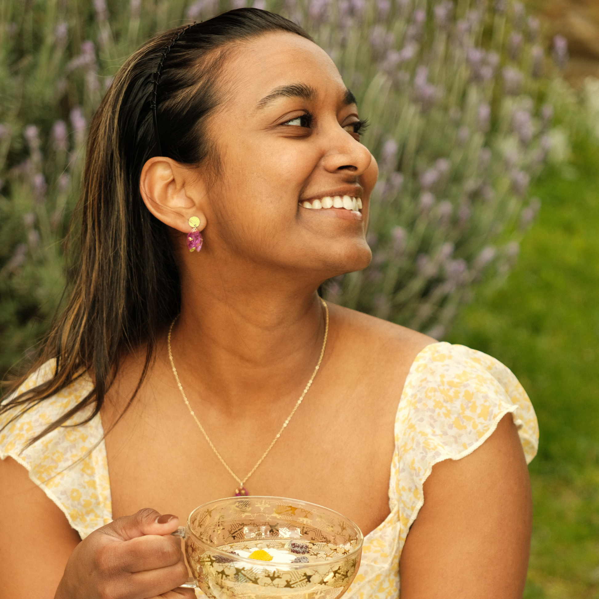 Tasmanian Lavender Studs, Dried Lavender Jewellery, The Little Flower Handmade Jewellery, Model Wearing Lavender Earrings