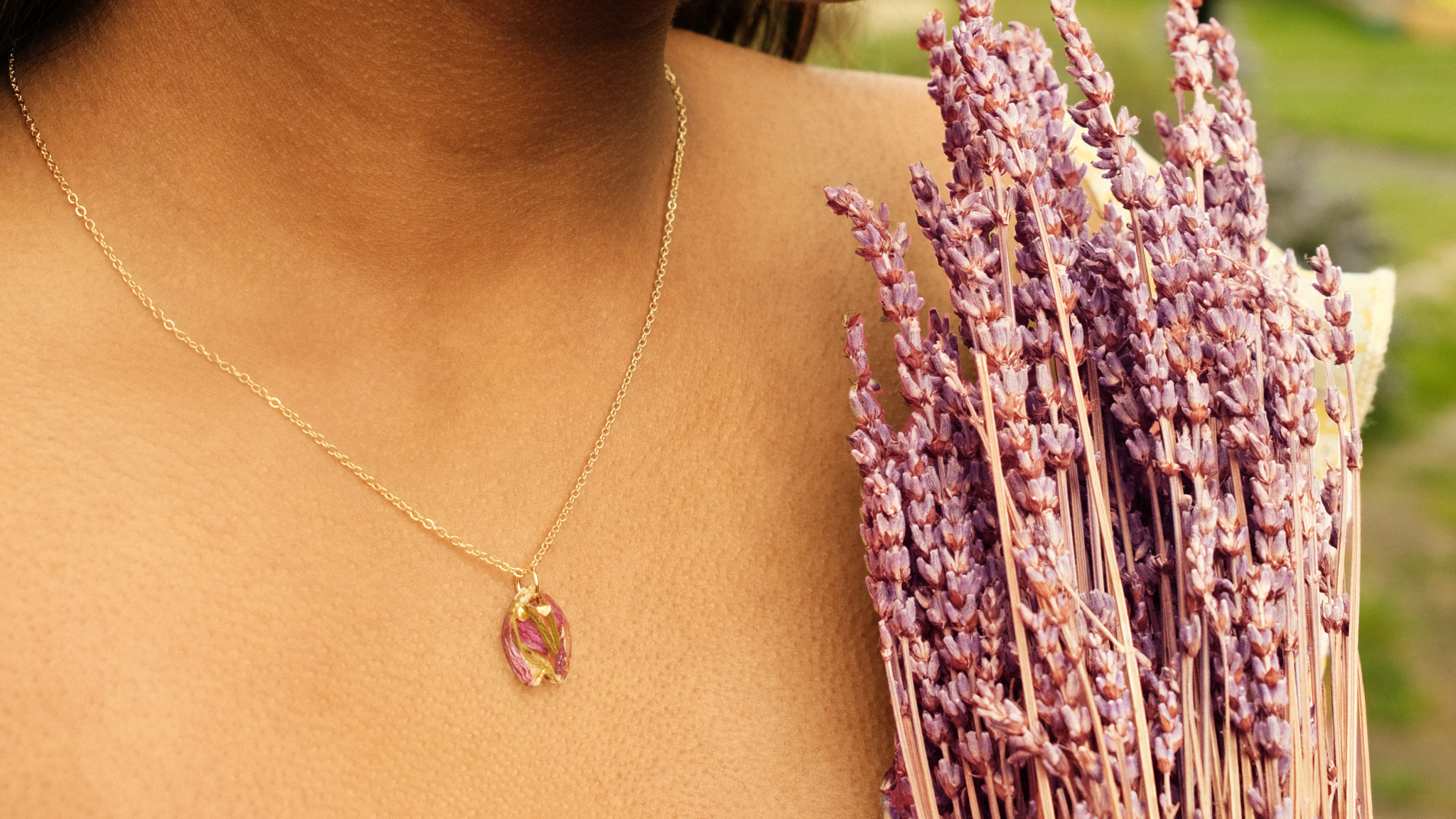 Lavender Tasmanian Pendant Necklace, Lavender Flower Jewellery, Model Image