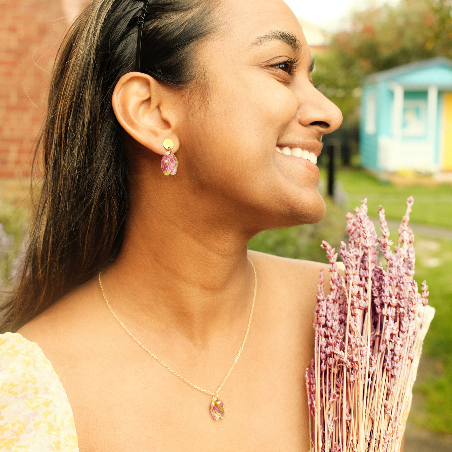 The Lavender Collection, Real Flower Jewellery Tasmania, Model Holding Lavender Image