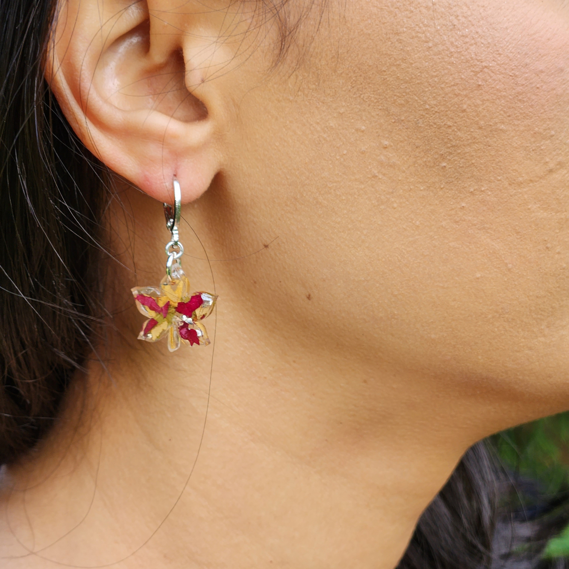 Silver Autumn Leaf Huggie Earrings, Handmade in Tasmania Jewellery, Model view