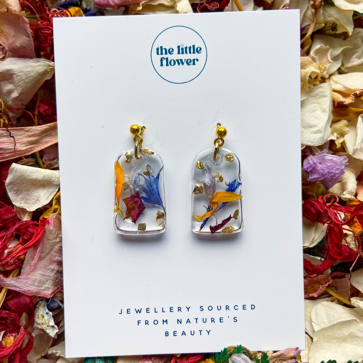 Flower Bouquet Drop Earrings in 14k gold, Handmade in Tasmania Jewellery, Multicoloured Earrings, closeup