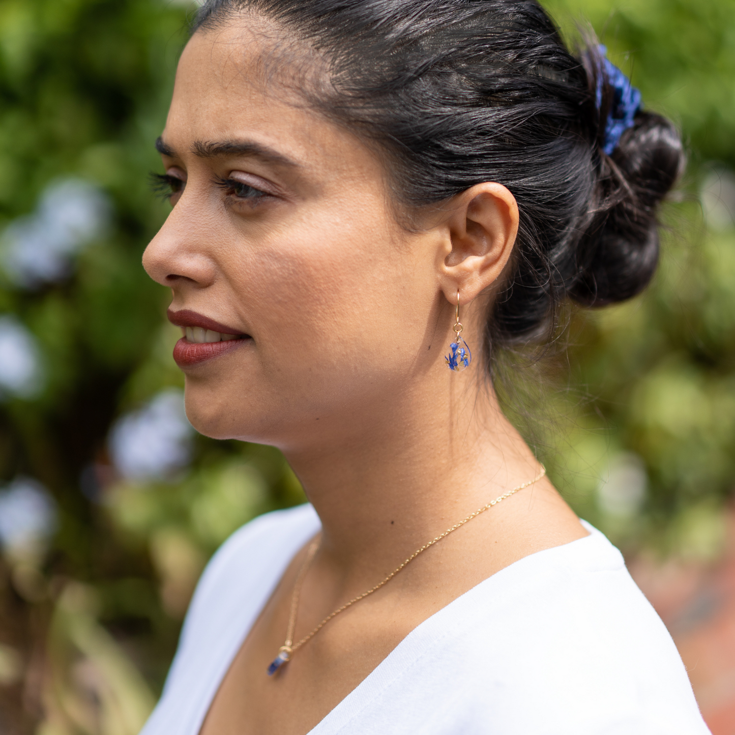 Cornflower Teardrop Earrings Gold Set, Jewellery Set, Dainty flower earrings, model view 2