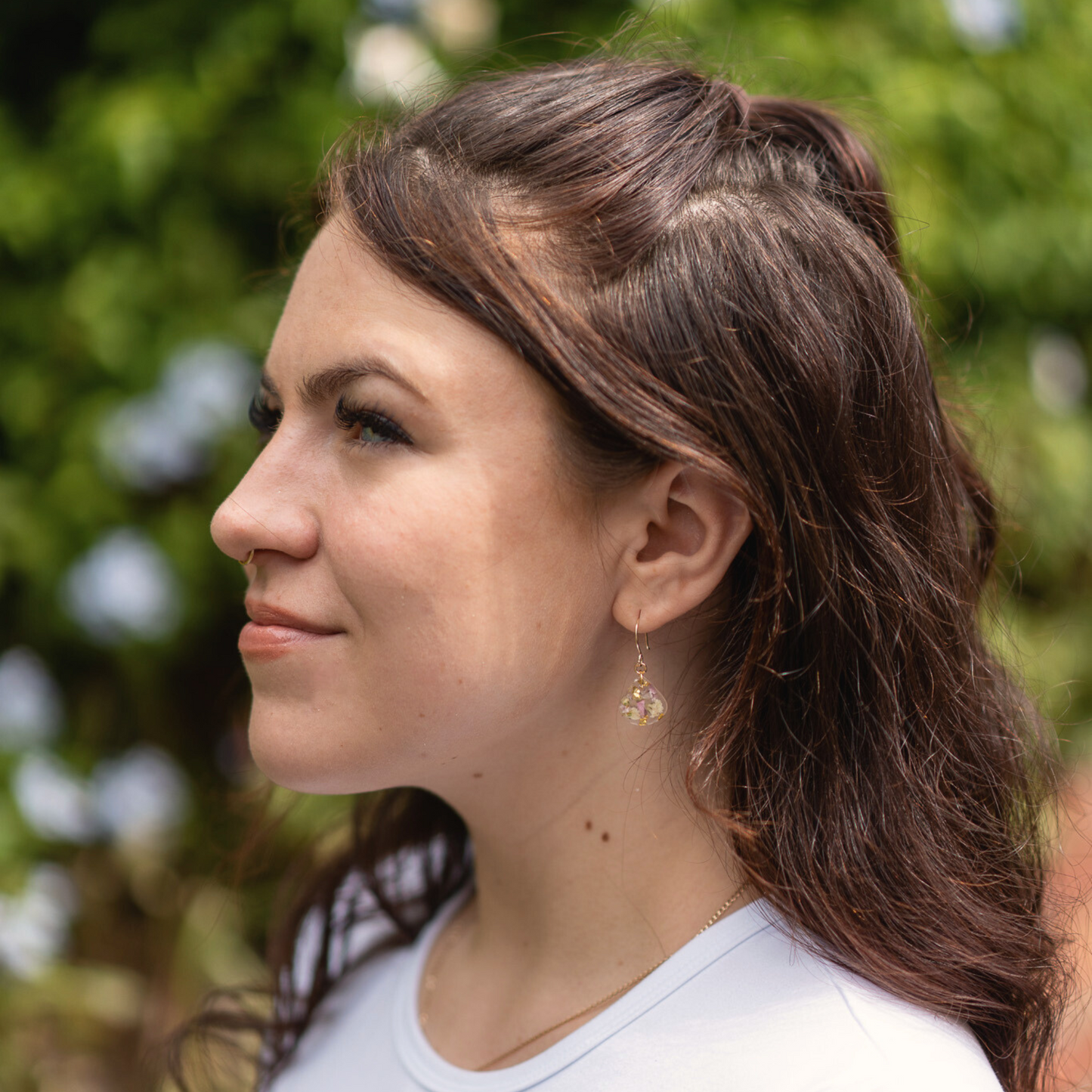 Gold Filled Baby's Breath and pink Cornflower teardrop earrings