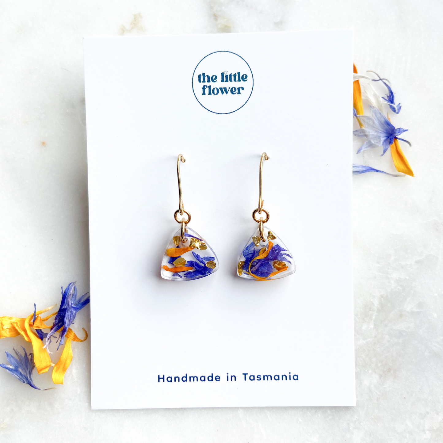 Dusk Flower Earrings, Blue and Orange Flower Jewellery, Calendula and Cornflower Earrings, front view